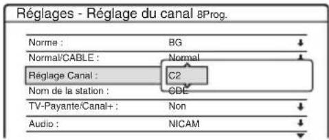 Réglages - Réglage du canal 8Prog. Norme : BG Normal/CABLE : Normal Réglage Canal : C2 Nom de la station : CDE TV-Payante/Canal+ : Non Audio : NICAM