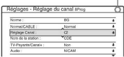 Réglages - Réglage du canal BProg Norme : BG Normal/CABLE : Normal Réglage Canal : C2 Nom de la station : CDE TV-Payante/Canal+ : Non Audio : NICAM