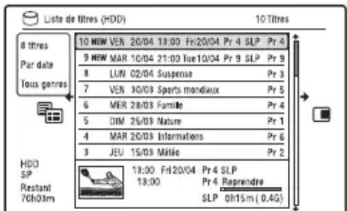 Liste de titres (HDD) 10 Titres 8 titres Par date Tous genres 10 NEW VEN 20/04 13:00 Fri/20/04 Pr 4 SLP Pr 4 9 NEW MAR 10/04 21:00 Tue/10/04 Pr 9 SLP Pr 9 8 LUN 02/04 Suspense Pr 3 7 VEN 30/03 Sports mondiaux Pr 5 6 MER 28/03 Famille Pr 4 5 DIM 25/03 Nature Pr 1 4 MAR 20/03 Intérations Pr 6 3 JEU 15/03 Mété Pr 2 HDD SP Restant 70h03m 13:00 Fri/20/04 Pr 4 SLP 13:00 Pr 4 Reprendre SLP 0h15m (0.4G)