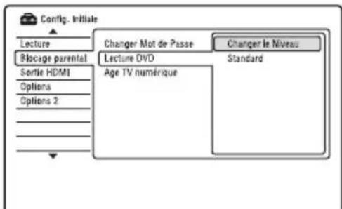 Config. Initiale Lecture Blocage parental Sortie HDMI Options Options 2 Changer Mot de Passe Lecture DVD Age TV numérique Changer le Niveau Standard