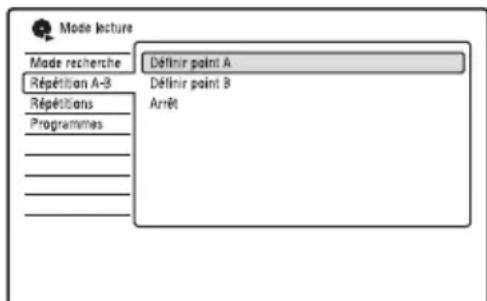 Mode lecture Made recherche Répétition A-B Répétitions Programmes Définité point A Définité point B Arrêt