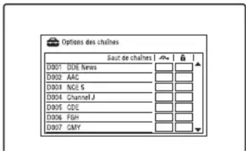 Options des chaînes Saut de chaînes | ↗ | 🔒 | D001 DDE News D002 AAC D003 NCE 5 D004 Channel J D005 CDE D006 FBH D007 CMY
