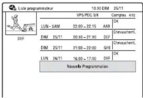 Liste programmateur 10:30 DIM 25/11 VPS/PDC 0/8 Comptes 4/32 LUN - SAM 22:00 – 22:15 AAB OK DIM 25/11 20:30 – 21:30 DEF Chevauchemt. DIM 25/11 21:00 – 22:00 GHI Chevauchemt. LUN 26/11 16:00 – 17:00 DEF OK Nouvelle Programmation