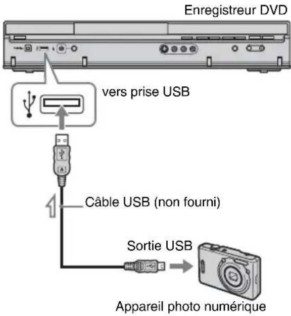 Enregistreur DVD vers prise USB Câble USB (non fourni) Sortie USB Appareil photo numérique