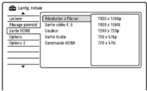 Config. Initiale Lecture Blocage parental Sortie HDMI Options Options 2 Résolution à l'écran Sortie vidéo 4 :3 Couleur Sortie Audio Commande HDMI 1920 x 1080p 1920 x 1080i 1280 x 720p 720 x 576p 720 x 576i
