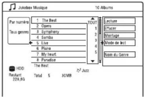 Jukebox Musique 10 Albums Par numéro Tous genres 1 The Best 2 Opera 3 Symphony 4 Samba 5 Live 6 Piano 7 My heart 8 Paradise The Best Lecture Effacer Montage Mode de lect Nom du Genre HDD Restant 228.8G Total 5 JOMB