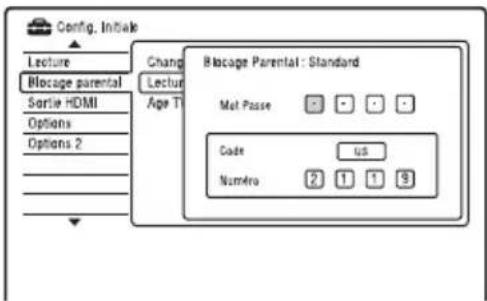 Config. Initiate Lecture Blocage parental Sortie HDMI Options Options 2 Chang Lecture Age T1 Blocage Parental: Standard Met Paste Code us Numero 2 1 1 3