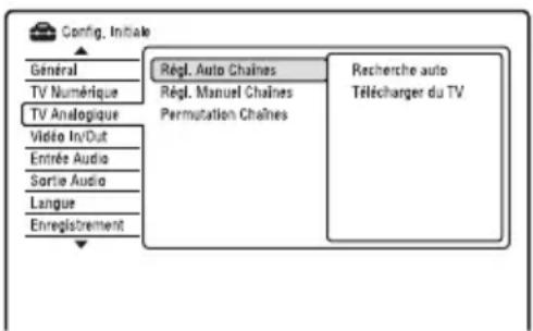 Config. Initiale Général TV Numérique TV Analogique Vidéo In/Dut Entrée Audio Sortie Audio Langue Enregistrement Régl. Auto Chaines Régl. Manuel Chaines Permutation Chaines Recherche auto Télécharger du TV
