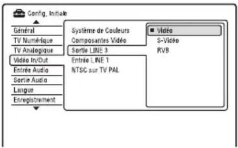 Config. Initiale Général TV Numérique TV Analogique Video In/Dut Entrée Audio Sortie Audio Langue Enregistrement Système de Couleurs Composantes Vidéo Sortie LINE 3 Entrée LINE 1 NTSC sur TV PAL ■ Vidéo S-Vidéo RV8