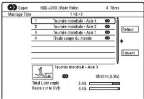 Copie HDD->DVD (Mode Vide) 4 Titres Montage Titre 1 +2 >3 1 Tournée mondiale - Asie 3 2 Tournée mondiale - Asie 2 3 Tournée mondiale - Asie 1 4 Finale coupe du monde Retour Suvant Tournée mondiale - Asie 3 0h30m(0.9G) Total Liste copie 3.4G Reste sur le DVD 4.4G