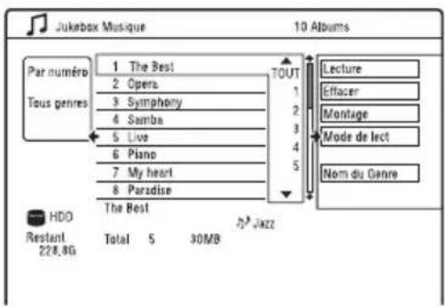 Jukebox Musique 10 Albums Par numéro Tous genres 1 The Best 2 Opera 3 Symphony 4 Samba 5 Live 6 Piano 7 My heart 8 Paradise The Best Lecture Effacer Montage Mode de lect Nom du Genre HDO Restant 228.8G Total 5 30MB Jazz
