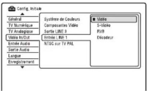 Config. Inbale Général TV Numérique TV Analogique Vidéo In/Dut Entrée Audio Sortie Audio Langue Enregistrement Système de Couleurs Composantes Vidéo Sortie LINE 3 Entrée LINE 1 NTSC sur TV PAL ■ Vidéo S-Vidéo RVB Décodeur