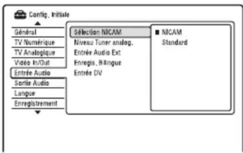 Config. Initiale Général TV Numérique TV Analogique Vidéo In/Out Entrée Audio Sortie Audio Langue Enregistrement Sélection NICAM Niveau Tuner analog. Entrée Audio Ext Enregis, Bilingue Entrée DV NICAM Standard