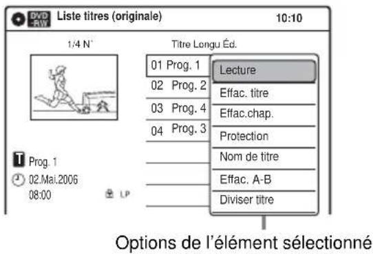 Liste titres (originale) 10:10 1/4 N° Titre Longu Éd. 01 Prog. 1 Lecture 02 Prog. 2 Effac. titre 03 Prog. 4 Effac.chap. 04 Prog. 3 Protection Nom de titre Effac. A-B Diviser titre Prog. 1 02.Mal.2006 08:00 LP Options de l'élément sélectionné