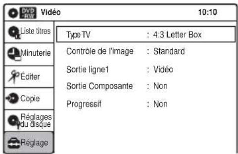 DVD Vidéo 10:10 Liste titres Type TV : 4:3 Letter Box Contrôle de l'image : Standard Sortie ligne1 : Vidéo Sortie Composante : Non Progressif : Non Réglages du disçue Réglage