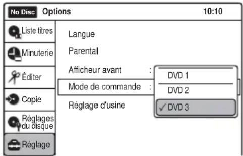 No Disc Options 10:10 Liste titres Langue Parental Minuterie Afficheur avant : DVD 1 Éditer Mode de commande : DVD 2 Copie Réglage d'usine ✓ DVD 3 Réglage du disque Réglage