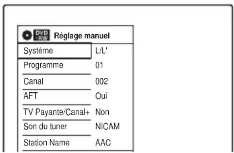 Réglage manuel Système L/L' Programme 01 Canal 002 AFT Oui TV Payante/Canal+ Non Son du tuner NICAM Station Name AAC