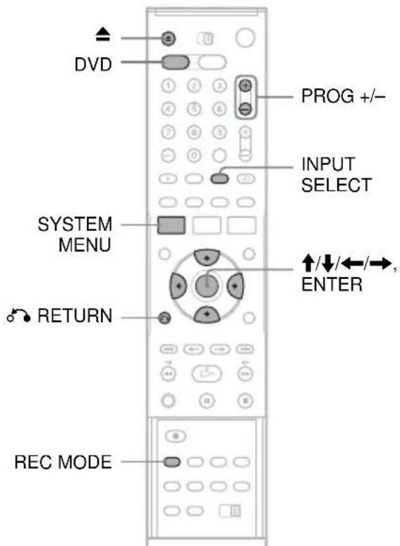 DVD PROG +/- INPUT SELECT SYSTEM MENU ↑/↓/←/→, ENTER RETURN REC MODE