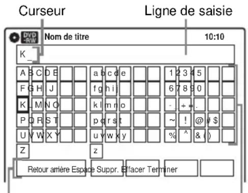 Curseur Ligne de saisie DVD -RW Nom de titre 10:10 K_ A B C D E a b c d e 1 2 3 4 5 1 F G H J f g h i 6 7 8 9 0 0 K M N O k l m n o - + - P Q R S T p o r s t ~ ! @ # $ U V W X Y u v w x y % ^ & ( ) Z z Retour amère Espace Suppr. Effacer Terminer