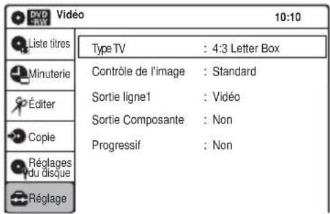 DVD Vidéo 10:10 Liste titres Type TV : 4:3 Letter Box Contrôle de l'image : Standard Sortie ligne1 : Vidéo Sortie Composante : Non Progressif : Non Réglages du disque Réglage