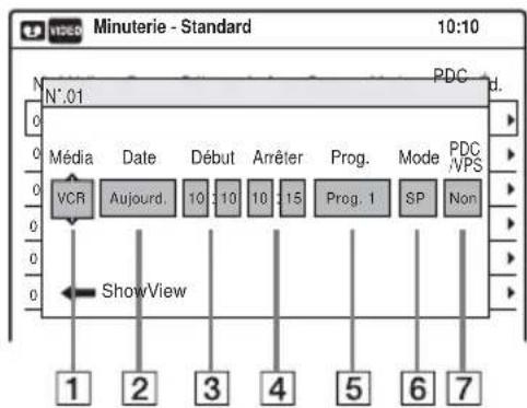 Minuterie - Standard 10:10 N°.01 PDC d. Média Date Début Arrêter Prog. Mode PDC VCR Aujourd. 10 10 15 Prog. 1 SP Non ShowView 1 2 3 4 5 6 7