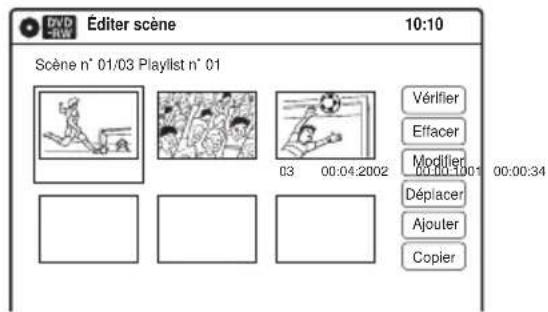 DV/D -R/W Éditer scène 10:10 Scène n° 01/03 Playlist n° 01 Vérifier Effacer Modifier 00:00:1001 Déplacer Ajouter Copier