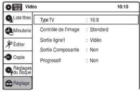 DVD 10:10 Liste titres Type TV : 16:9 Contrôle de l'image : Standard Sortie ligne1 : Vidéo Sortie Composante : Non Progressif : Non Réglages du disque Réglage