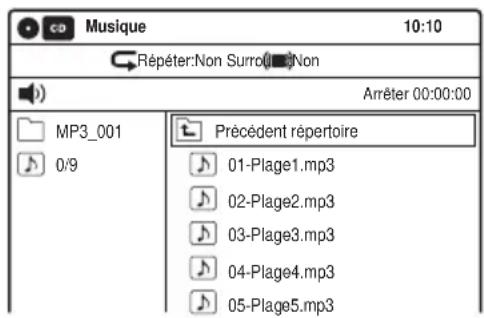 CD Musique 10:10 Répéter:Non Surro(■)Non Arrêter 00:00:00 MP3_001 Précédent répertoire 0/9 01-Plage1.mp3 02-Plage2.mp3 03-Plage3.mp3 04-Plage4.mp3 05-Plage5.mp3