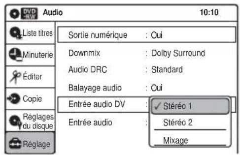 DVD RV Audio 10:10 Liste titres Sortie numérique : Oui Minuterie Downmix : Dolby Surround Audio DRC : Standard Éditer Balayage audio : Oui Copie Entrée audio DV : ✓ Stéréo 1 Réglages du disque Entrée audio : Stéréo 2 Réglage Mixage