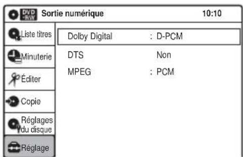 Sortie numérique 10:10 Liste titres Dolby Digital : D-PCM Minuterie DTS Non Éditer MPEG : PCM Copie Réglages Ydu disque Réglage