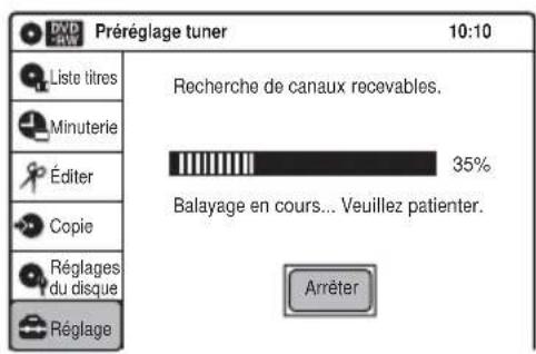 Préréglage tuner 10:10 Liste titres Minuterie Éditer Copie Réglages du disque Réglage Recherche de canaux recevables. 35% Balayage en cours... Veuillez patienter. Arrêter