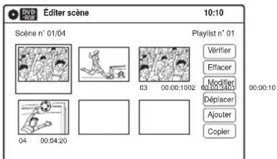 DV D Éditer scène 10:10 Scène n° 01/04 Playlist n° 01 Vérifier Effacer Modifier Déplacer Ajouter Copier 03 00:00:1002 00:00:10 00:00:10 04 00:04:20