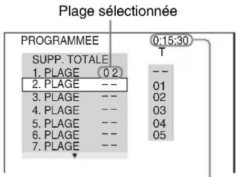 Plage sélectionnée PROGRAMMEE SUPP. TOTALE 1. PLAGE 02 2. PLAGE -- 3. PLAGE -- 4. PLAGE -- 5. PLAGE -- 6. PLAGE -- 7. PLAGE -- 0:15:30 T