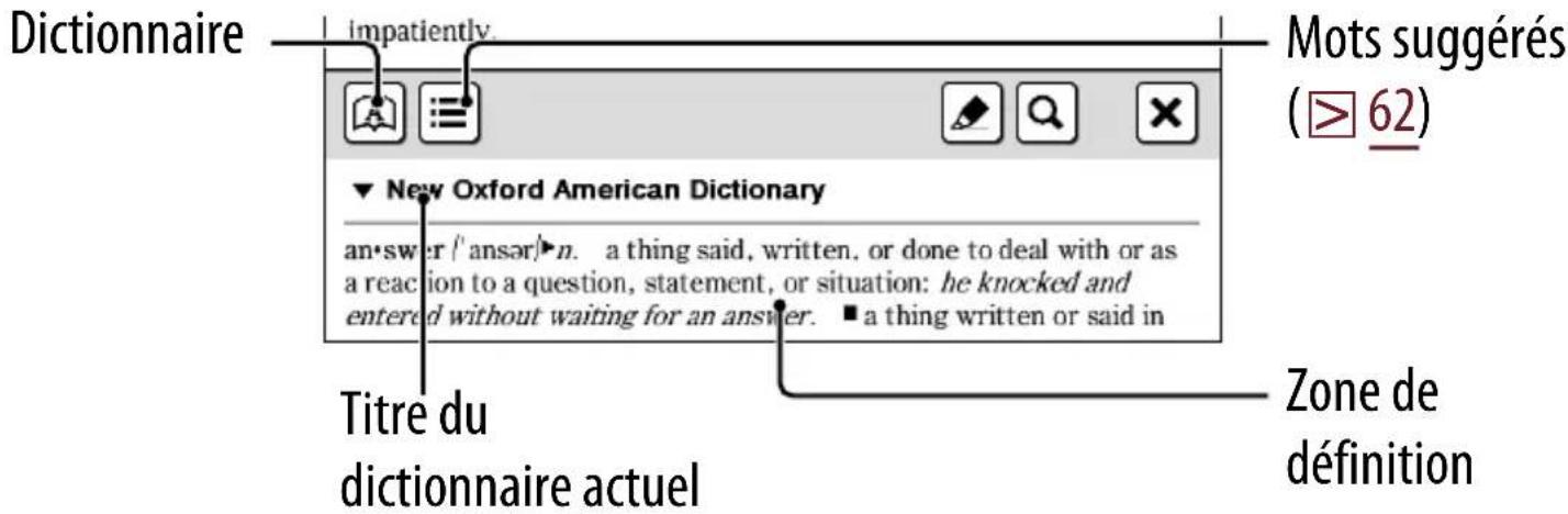 Dictionnaire impatiently Mots suggérés (⩾ 62) ▼ New Oxford American Dictionary an•sw er /' ansər/▶n. a thing said, written, or done to deal with or as a reaction to a question, statement, or situation: he knocked and entered without waiting for an answer. ■ a thing written or said in Titre du dictionnaire actuel Zone de définition
