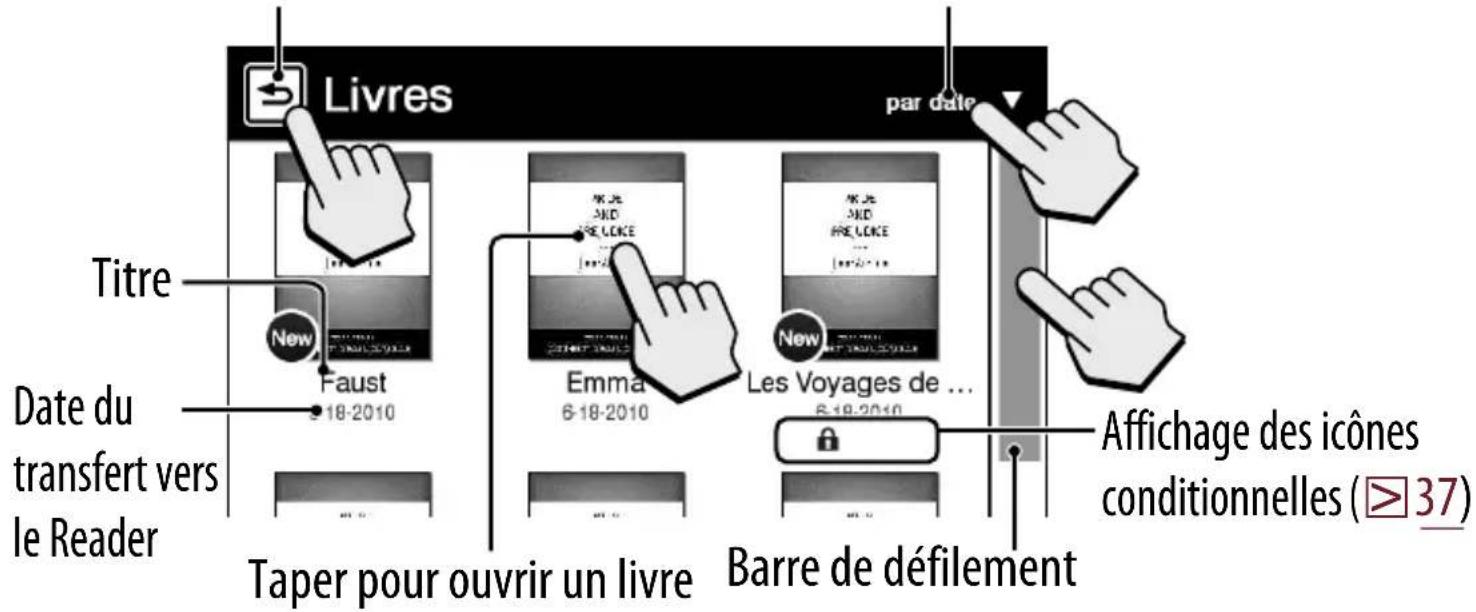 Titre Date du transfert vers le Reader Taper pour ouvrir un livre Barre de défilement New Faust 6-18-2010 Emma 6-18-2010 New Les Voyages de ... 6-18-2010 Par date Livres Affichage des icônes conditionnelles (⩾37)