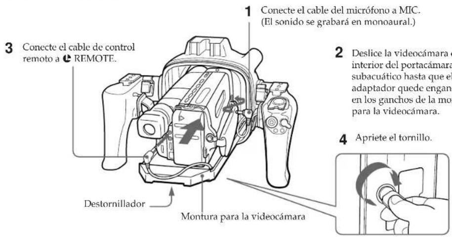 SONY CCDTR760E - Coloque la videocámara en el portacámara subacuático. Verifique la posición del adaptador. (Consulte las páginas 6 y 7.) - 1