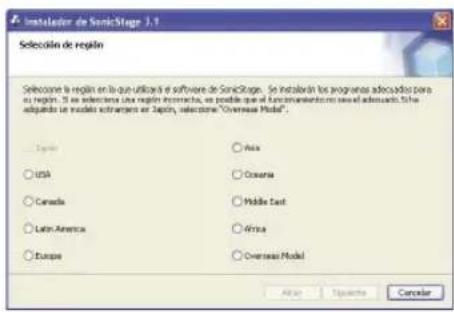 SONY NWHD5H - Cuando aparezca la ventana de la derecha, hagablick en la zona geograficaondeutilizarael software SonicStage. - 1