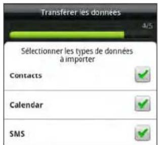 Transferer les données Sélectionner les types de données à importer Contacts Calendar SMS