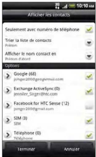 Afficher les contacts Seulement avec numéro de téléphone Trier la liste de contacts Prénom Afficher le nom contact en Prénom d'abord Options Google (68) junger200@googlemail.com Exchange ActiveSync (0) jennifer_Singer@htc.com Facebook for HTC Sense (12) junger200@gmail.com SIM (3) SIM Téléphone (0) Téléphone Terminer Annuler