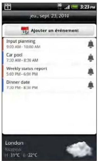 jeu., sept 23, 2010 Ajouter un événement Input planning 9:00 AM - 10:00 AM Car pool 7:30 AM - 8:30 AM Weekly status report 5:00 PM - 6:00 PM Dinner date 7:30 PM - 8:30 PM London Nuepeln H 31°C B 22°C