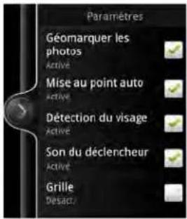 Paramètres Géomarquer les photos Active Mise au point auto Active Détection du visage Active Son du déclencheur Active Grille Desact