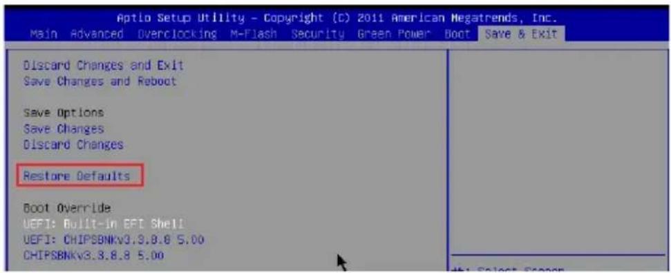 Aptio Setup Utility - Copyright (C) 2011 American Megatrends, Inc. Main Advanced Overclocking M-Flash Security Green Power Boot Save & Exit Discard Changes and Exit Save Changes and Reboot Save Options Save Changes Discard Changes Restore Defaults Boot Override UEFI: Built-in EPI Shell UEFI: CHIPSBNKv3.3.8.8 5.00 CHIPSBNKv3.3.8.8 5.00