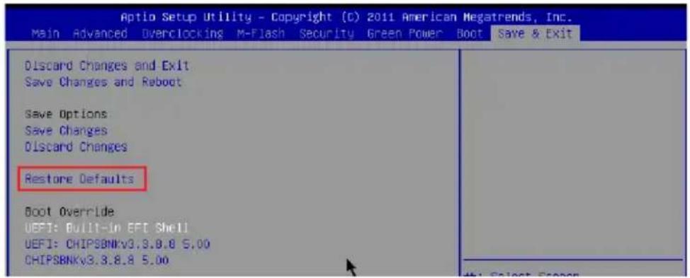 Aptio Setup Utility - Copyright (C) 2011 American Megatrends, Inc. Main Advanced Overclocking M-Flash Security Green Power Boot Save & Exit Discard Changes and Exit Save Changes and Reboot Save Options Save Changes Discard Changes Restore Defaults Boot Override UEFI: Built-in EFI Shell UEFI: CHIPSBNkV3.9.8.8 5.00 CHIPSBNkV3.3.8.8 5.00