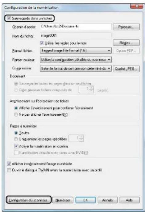 Configuration de la numérisation Sauvegnade dans un liche Chenin d'acote: C:\Users\Viz2\Documents Pacoult... Non d'iche: image0001 Utilier les règles pour le nom Regles... Format liche: I tagged Image File Format ("A") Option PDF... Format couleur: Utilizer la configuration dékallée du scanneur Compression: Selon le format de compression déterminé du Qualité JPE G... Document Sauvegnade dans toutes les pages dans un seul liche Côtes plusieurs fiches comptées de pages() Avgrissement sur l'écrassement de liche Afficher l'avertissement pour confiner l'écrassement Ne pas afficher l'avertissement(√) Pages à numéro Ioutes Uniquement les pages spécifiées Acifier la numération en continu Numérification virtuelle rechte verso avec FAID(√) Afficher immédiatement l'image numériate Ouvert le dialogue TWAIN avant la numération avec un profil Configuration du sconneux Numérote OK Annuler Ade