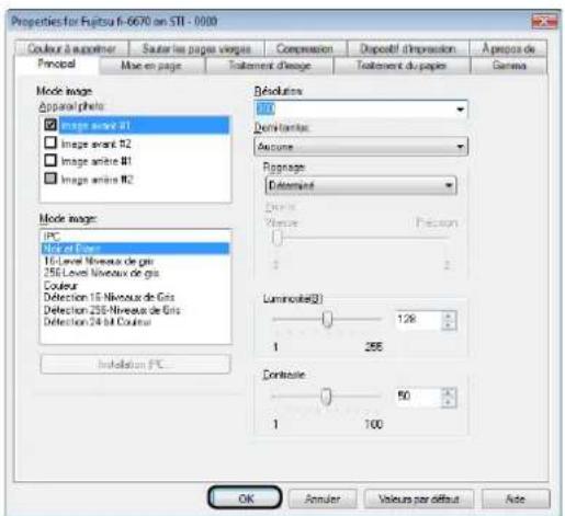 Properties for Fujitsu f-6670 on STI - 0000 Couleur à supprimer Sauter les pages voorges Compression Disposé d'impression À prepos de Principal Mise en page Tattement d'image Tattement du papier Gamma Mode image Apparial photo: Image aérié #1 Image aérié #2 Image aérié #3 Image aérié #4 Model image: IPC Fujitsu Figue 16-Level Niveau de gris 256-Level Niveau de gris Couteur Détction 16-Niveau de Gris Détction 256-Niveau de Gris Détction 24-bit Couteur Installation PC Désoitures 800 Reminérations Auraine Rigignage Détenement Durée Verruie Precision 1 2 Luminoule(2) 128 1 255 Controle 90 1 100 OK Semler Valeurs par définit Avte