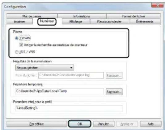 Configuration Mot de passe Informations Format de fichier Impimer Numétrie Affichage Flaccours/claver Événements Pilots TWAIN Activer la recherche automatique de scanneur JSIS / VRS Fégruits de la numérisation Ne pas générer Pour du fichier... C:\Users\bs2\Documents\Export log Parcours... Repertoire temporeng C:\Users\bs2-ApoData\LocalTemp Parcours... Paramètre inte pour le profil InitialSetting En défaut OK Annuler Baploquer Ade