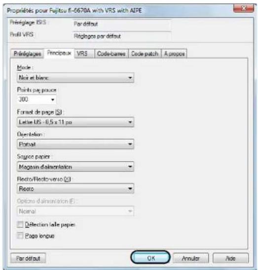 Propriétés pour Fujitsu fi-5670A with VRS with AIPE Préaglage IVS : Par défaut Profit VRS : Réglages par défaut Préagloges Principaux VRS Code-barres Code patch A propos Mode : Noir et blanc Points pén pouce 300 Format de page (S): Latire US - 0,5 x 11 pa Orientation : Portrait Source papier Magasin d'alimentation Recto/Recto-verso (S): Recto Options d'alimentation (E): Normal Détection laite papier Page longue Par défaut OK Annuler Aide