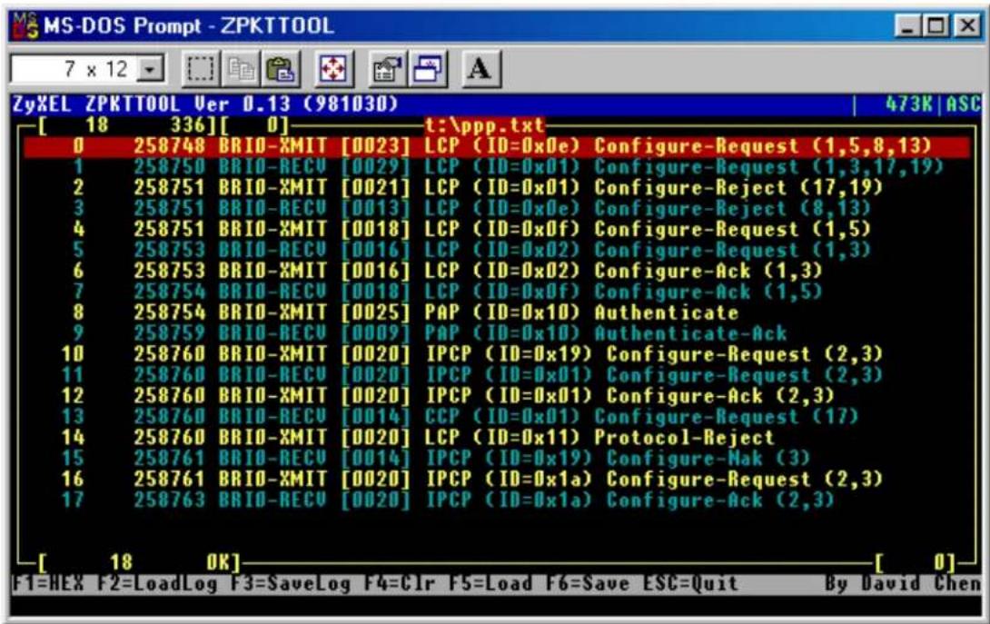 MS-DOS Prompt - ZPKTTOOL 7 x 12 ZyXEL ZPKTTOOL Ver 0.13 (98103D) 473K | ASC [ 18 336][ 0] t:\ppp.txt 0 258748 BRIO-XMIT [0023] LCP (ID=0x0e) Configure-Request (1,5,8,13) 1 258750 BRIO-RECU [0029] LCP (ID=0x01) Configure-Request (1,3,17,19) 2 258751 BRIO-XMIT [0021] LCP (ID=0x01) Configure-Reject (17,19) 3 258751 BRIO-RECU [0013] LCP (ID=0x0e) Configure-Reject (8,13) 4 258751 BRIO-XMIT [0018] LCP (ID=0x0f) Configure-Request (1,5) 5 258753 BRIO-RECU [0016] LCP (ID=0x02) Configure-Request (1,3) 6 258753 BRIO-XMIT [0016] LCP (ID=0x02) Configure-Ack (1,3) 7 258754 BRIO-RECU [0018] LCP (ID=0x0f) Configure-Ack (1,5) 8 258754 BRIO-XMIT [0025] PAP (ID=0x10) Authenticate 9 258759 BRIO-RECU [0009] PAP (ID=0x10) Authenticate-Ack 10 258760 BRIO-XMIT [0020] IPCP (ID=0x19) Configure-Request (2,3) 11 258760 BRIO-RECU [0020] IPCP (ID=0x01) Configure-Request (2,3) 12 258760 BRIO-XMIT [0020] IPCP (ID=0x01) Configure-Ack (2,3) 13 258760 BRIO-RECU [0014] CCP (ID=0x01) Configure-Request (17) 14 258760 BRIO-XMIT [0020] LCP (ID=0x11) Protocol-Reject 15 258761 BRIO-RECU [0014] IPCP (ID=0x19) Configure-Mak (3) 16 258761 BRIO-XMIT [0020] IPCP (ID=0x1a) Configure-Request (2,3) 17 258763 BRIO-RECU [0020] IPCP (ID=0x1a) Configure-Ack (2,3) [ 18 OK] [ 0] F1=HEX F2=LoadLog F3=SaveLog F4=CIr F5=Load F6=Save ESC=Quit By David Chen