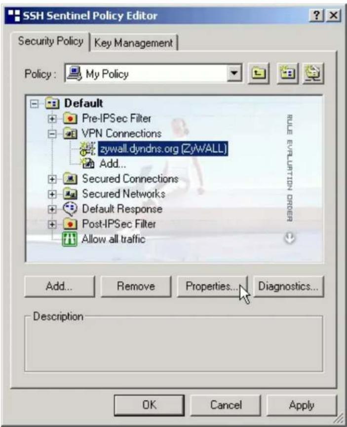 SSH Sentinel Policy Editor Security Policy | Key Management Policy : My Policy Default Pre-IPSec Filter VPN Connections zywall.dyndns.org (ZyW/ALL) Add... Secured Connections Secured Networks Default Response Post-IPSec Filter Allow all traffic Add... Remove Properties... Diagnostics... Description OK Cancel Apply
