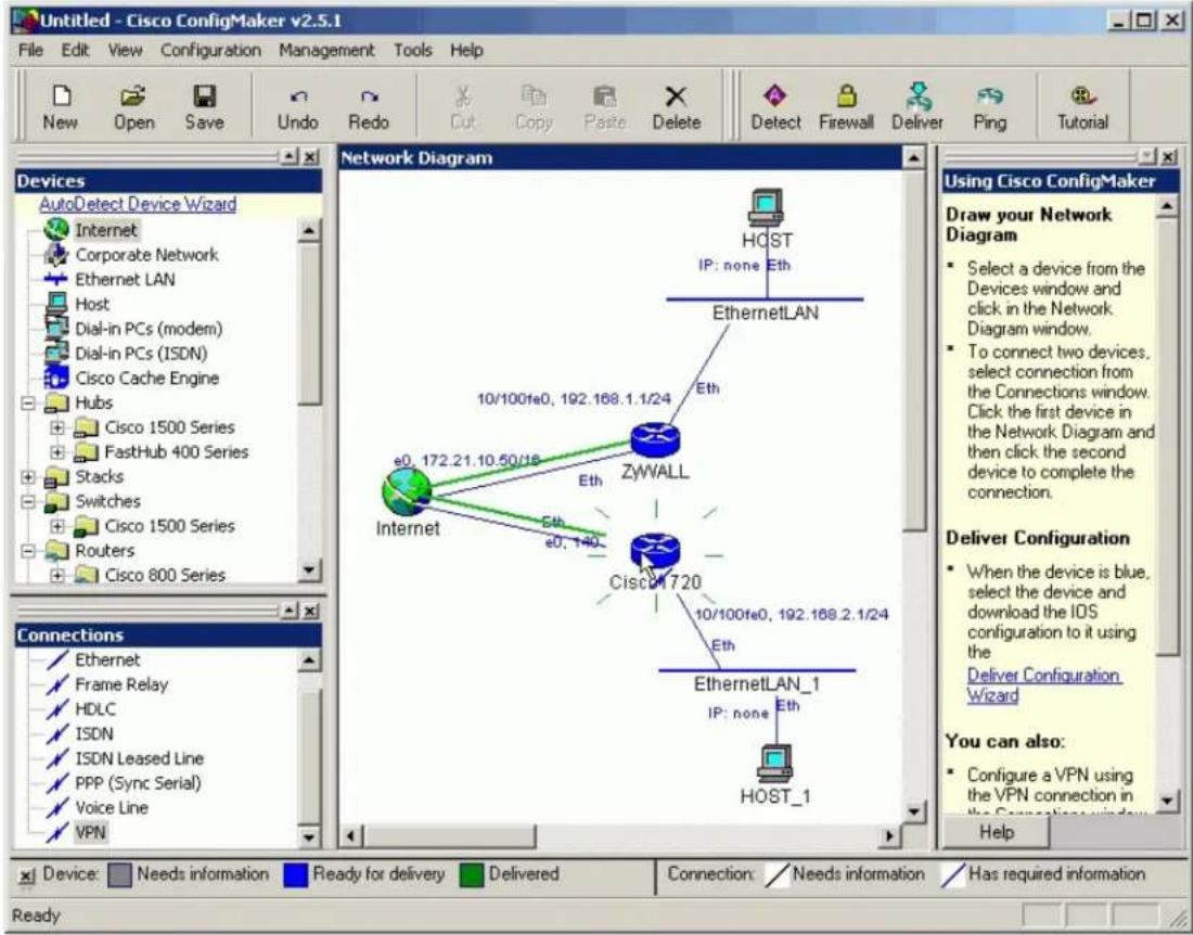 Untitled - Cisco ConfigMaker v2.5.1 File Edit View Configuration Management Tools Help New Open Save Undo Redo Cut Copy Paste Delete Detect Firewall Deliver Ping Tutorial Devices AutoDetect Device Wizard Internet Corporate Network Ethernet LAN Host Dial-in PCs (modem) Dial-in PCs (ISDN) Cisco Cache Engine Hubs Cisco 1500 Series FastHub 400 Series Stacks Switches Cisco 1500 Series Routers Cisco 800 Series Network Diagram IP: none Eth EthernetLAN 10/100fe0, 192.168.1.1/24 Eth e0, 172.21.10.50/15 ZyWALL Internet Eth e0, 140 Ciscord 720 10/100fe0, 192.168.2.1/24 Eth EthernetLAN_1 IP: none Eth HOST_1 Using Cisco ConfigMaker Draw your Network Diagram Select a device from the Devices window and click in the Network Diagram window. To connect two devices, select connection from the Connections window. Click the first device in the Network Diagram and then click the second device to complete the connection. Deliver Configuration When the device is blue, select the device and download the IOS configuration to it using the Deliver Configuration Wizard You can also: Configure a VPN using the VPN connection in the Connection window. Help Connections Ethernet Frame Relay HDLC ISDN ISDN Leased Line PPP (Sync Serial) Voice Line VPN Device: Needs information Ready for delivery Delivered Connection: Needs information Has required information Ready